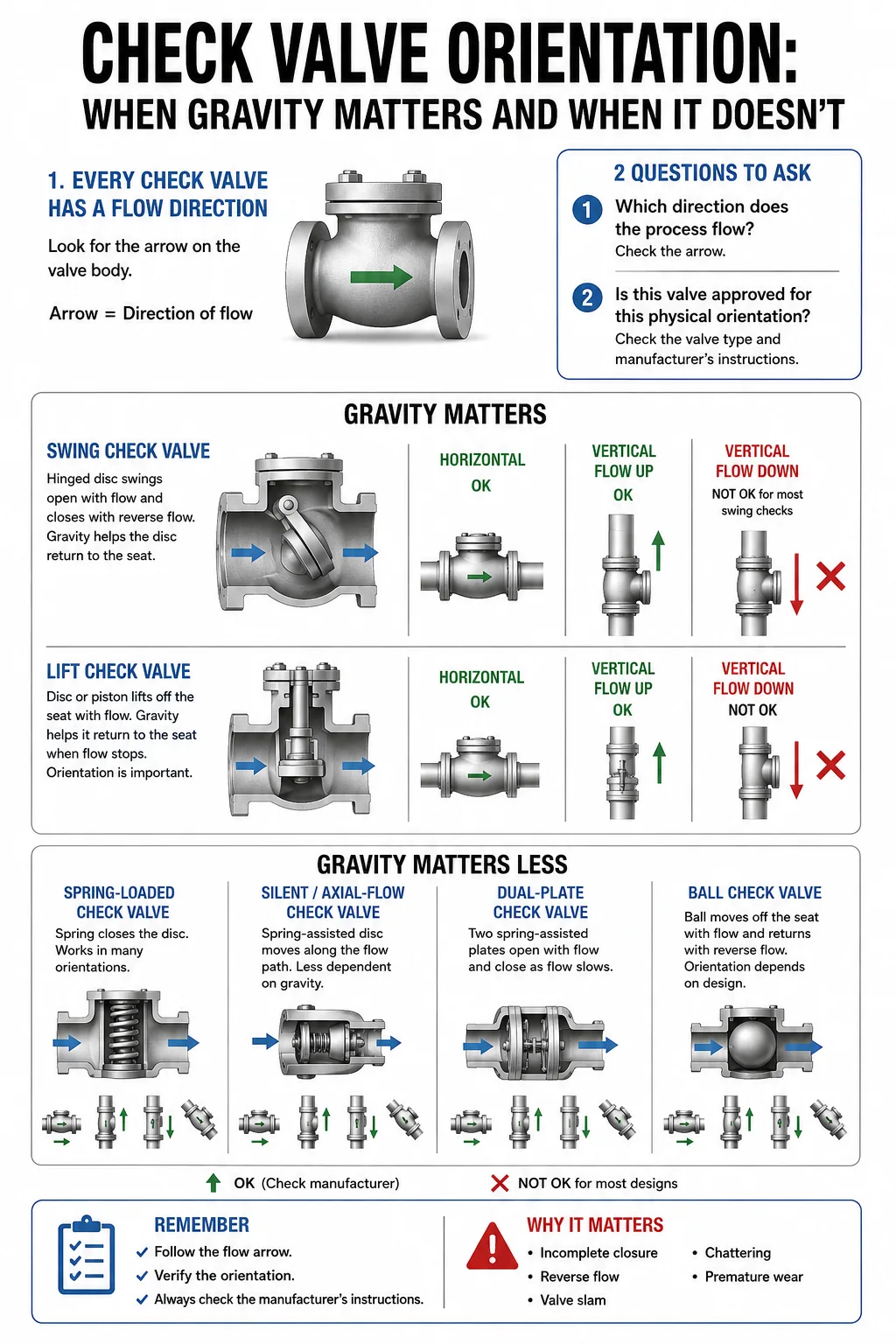 Diagram comparing correct and incorrect check-valve orientations for swing, lift, ball, vertical, and other valve designs.
