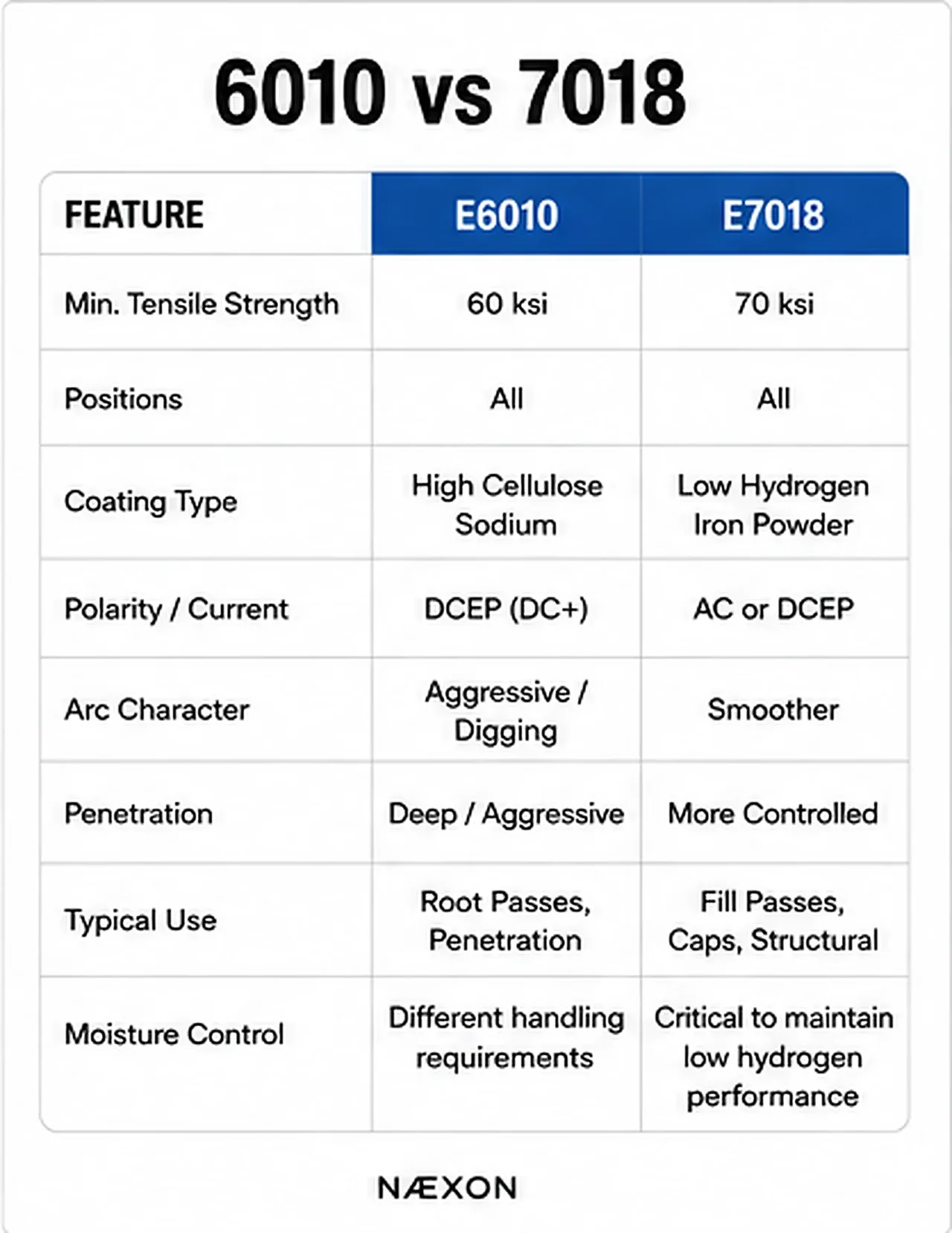 Table comparing E6010 and E7018 welding electrodes by tensile strength, positions, coating, polarity, arc, penetration, use, and moisture control.