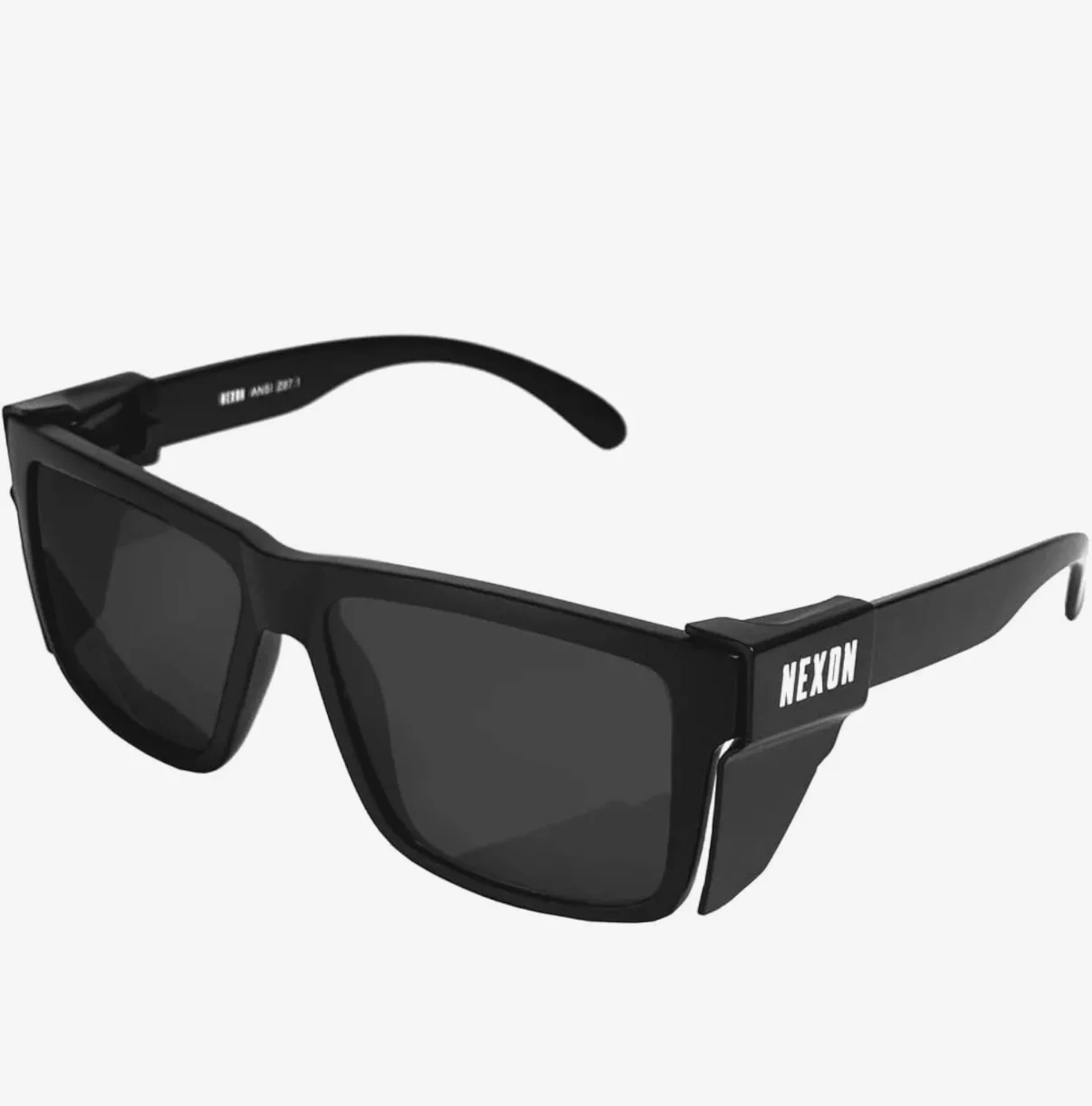 Black NEXON wraparound safety sunglasses with rectangular dark smoke lenses shown on a light background.