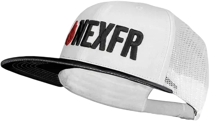 White NEX FR mesh snapback cap with a black flat bill and embroidered front logo.