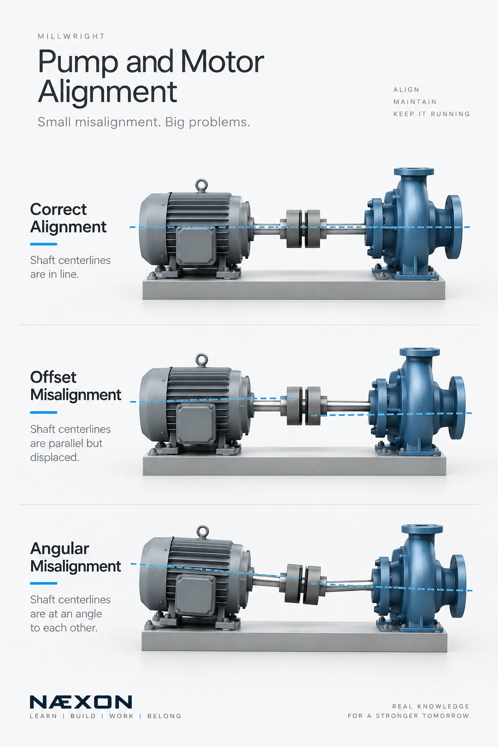 Three-panel motor and pump diagram comparing aligned shaft centerlines with offset and angular misalignment.