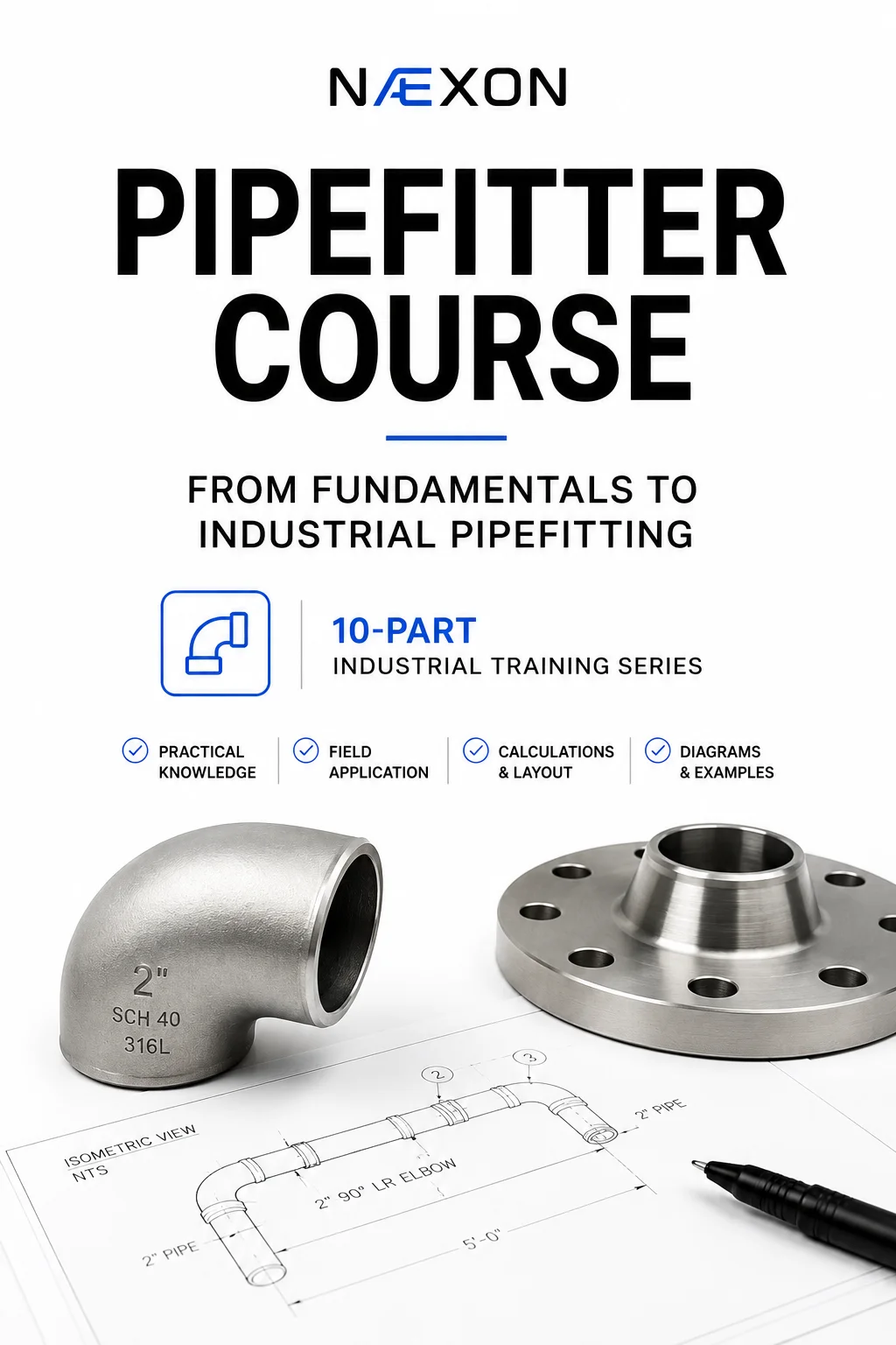 Pipefitter course cover with a pipe elbow, flange, isometric drawing, and a 10-part training-series title.