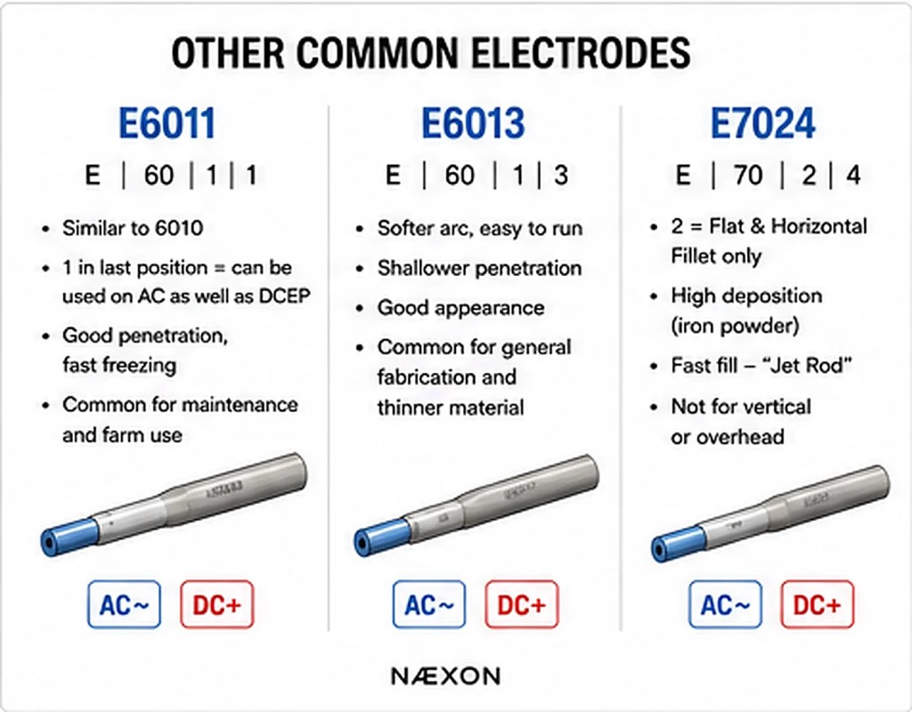 Reference chart comparing E6011, E6013, and E7024 welding electrodes by classification, use, characteristics, and polarity.