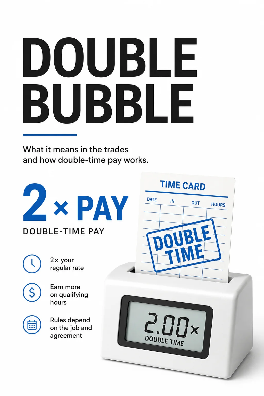 NEXON double-time pay infographic showing a time card, large 2× pay text, and a digital display reading 2.00×.