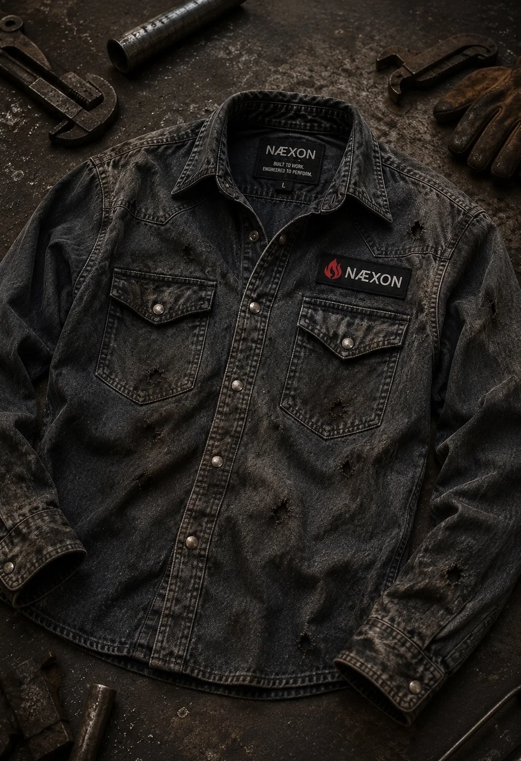 Weathered black long-sleeve NEXON shirt laid flat beside pipe tools and work gloves.