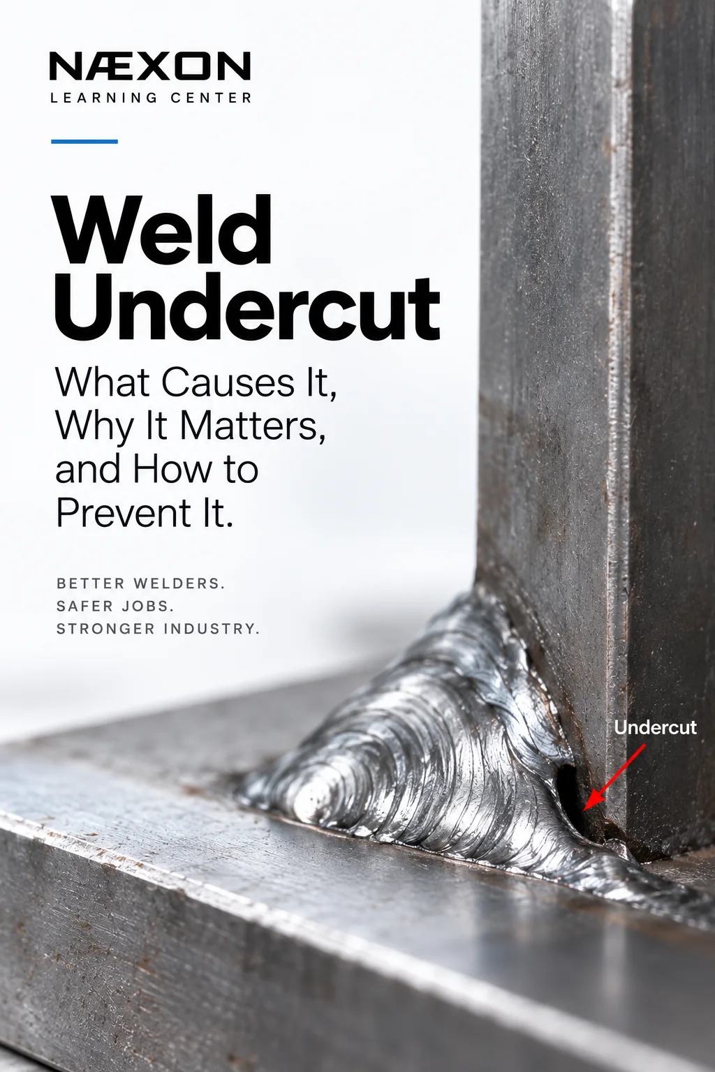 Close-up weld image showing a groove at the toe of a fillet weld, labeled undercut with a red arrow.