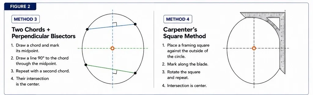Circle-layout diagram showing two-chord perpendicular bisectors and the carpenter's framing-square method.