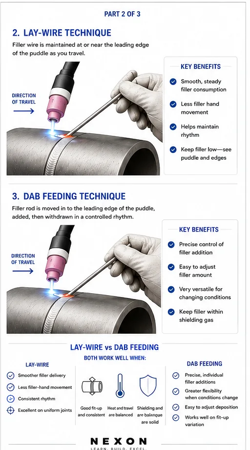 TIG welding guide comparing lay-wire and dab feeding methods for a pipe root pass, with torch, filler rod, puddle, and keyhole positions.