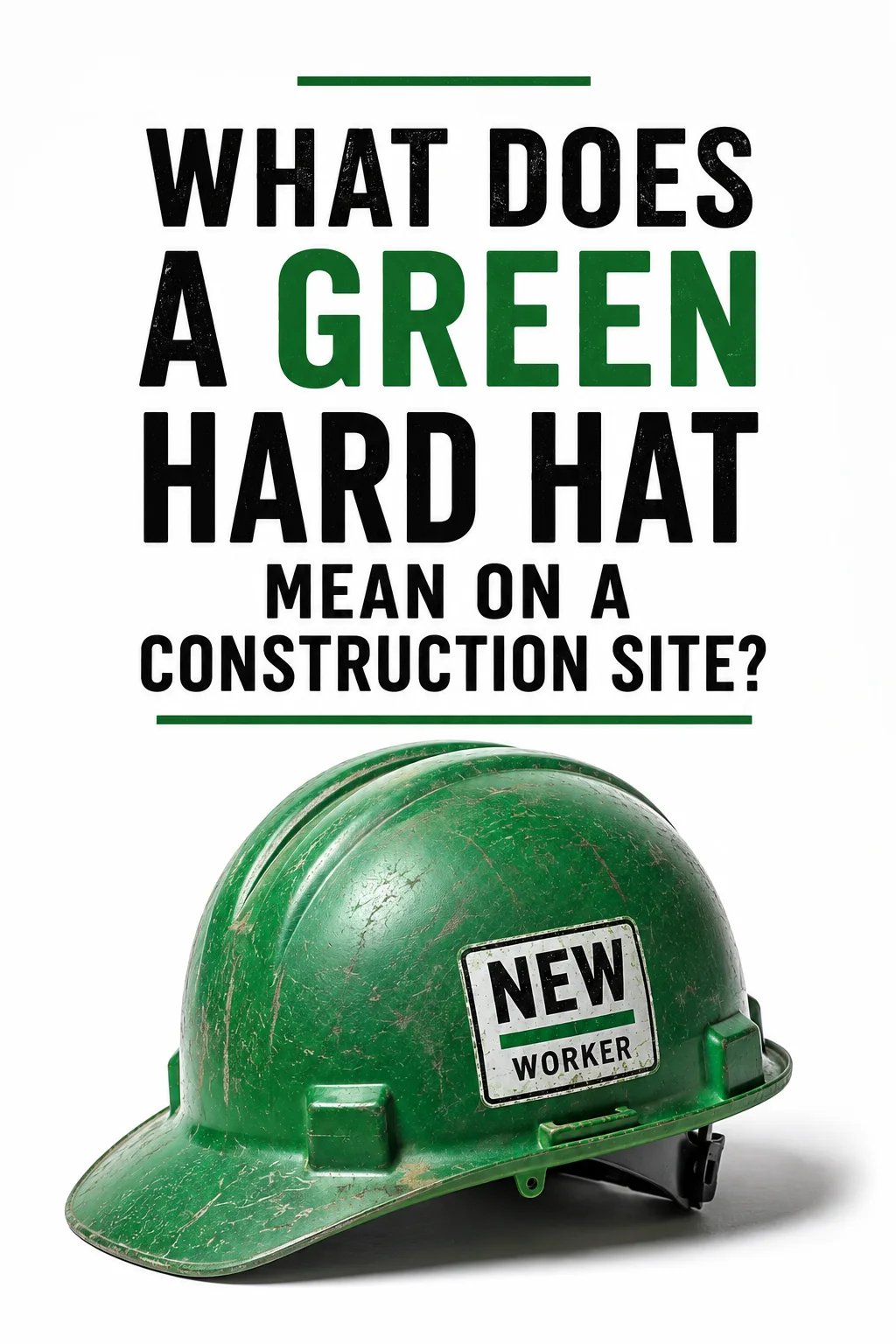 Green construction hard hat labeled “NEW WORKER” beneath an article headline about hard hat colors.