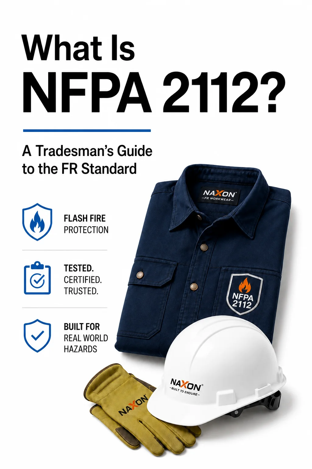 Illustrated navy work shirt, hard hat, and gloves beneath the heading “What Is NFPA 2112?”