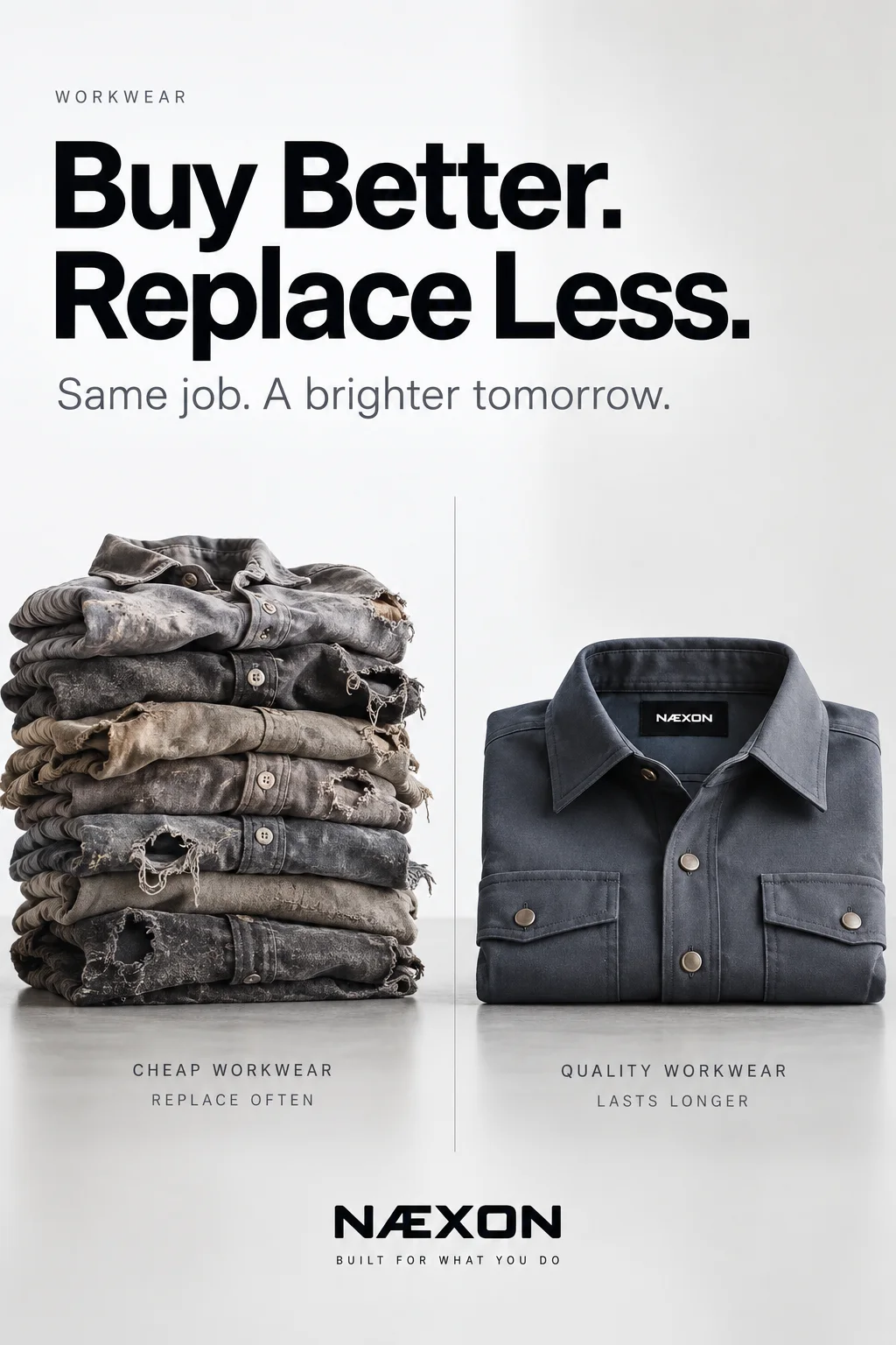 Side-by-side workwear illustration showing a stack of worn, frayed shirts beside one folded dark shirt.