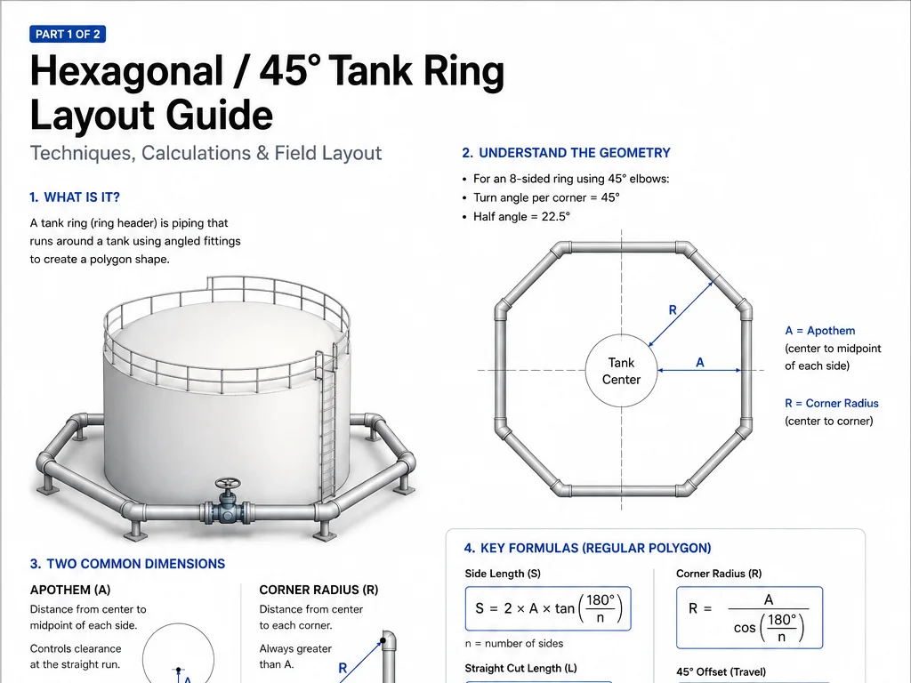 Tank ring layout diagram with a storage tank, polygonal ring geometry, center point, and dimension formulas.