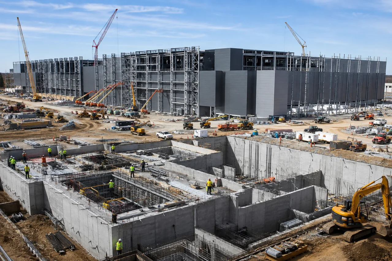 Large data center under construction with cranes, concrete foundations, steel framing, heavy equipment, and construction crews