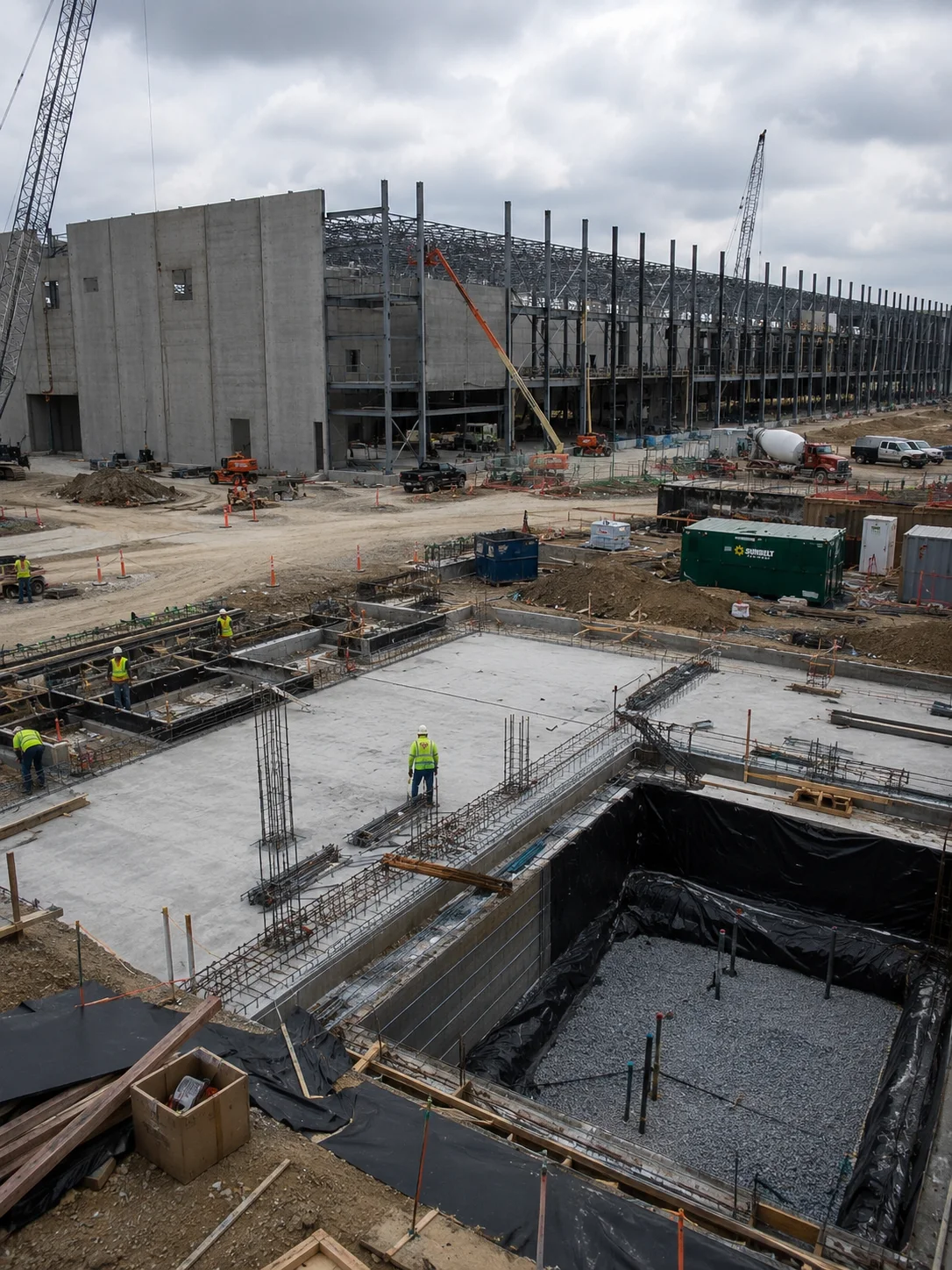 Large data center construction site with concrete foundations, structural steel framing, cranes, aerial lifts, and skilled construction workers
