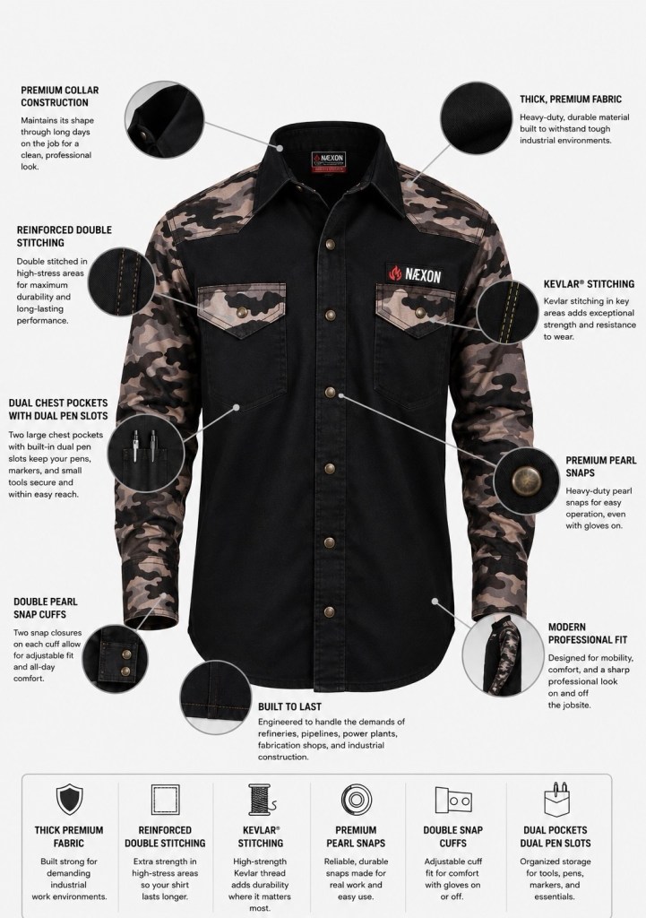 Næxon black and camo FR pearl snap welding shirt with Kevlar stitching and reinforced construction