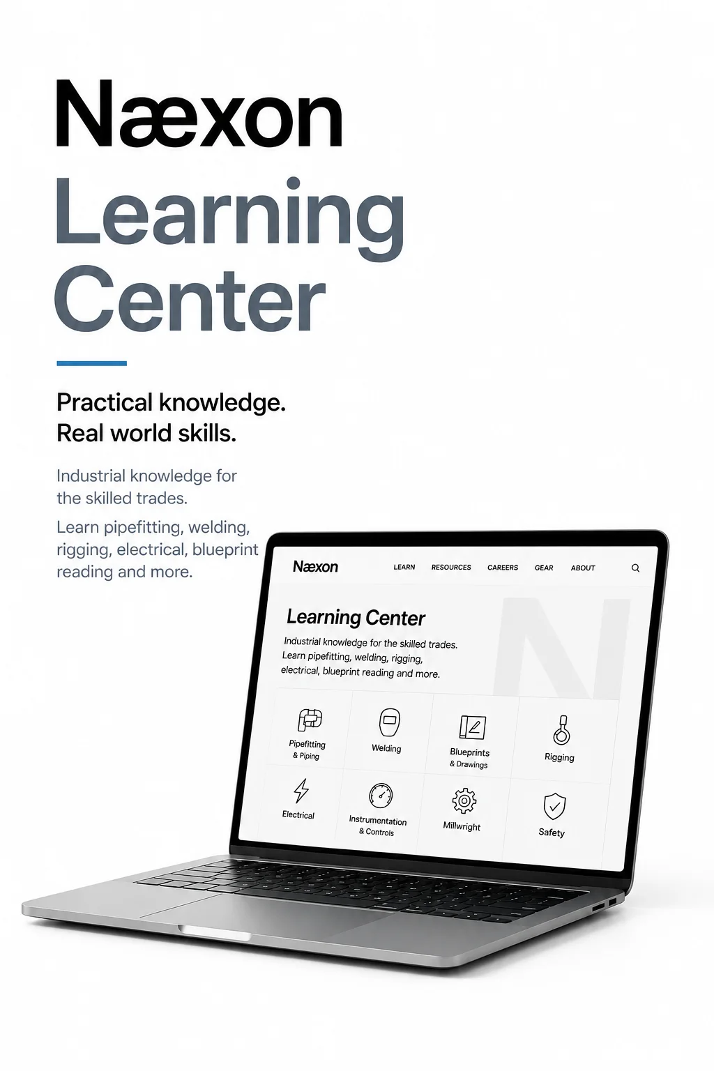Næxon Learning Center poster with a laptop showing a course page on a clean white background.