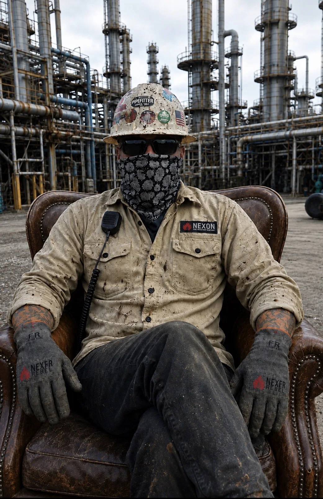 Industrial worker seated in a leather chair at a refinery wearing a hard hat, dark safety glasses, bandana, NEXON FR shirt, and gloves.