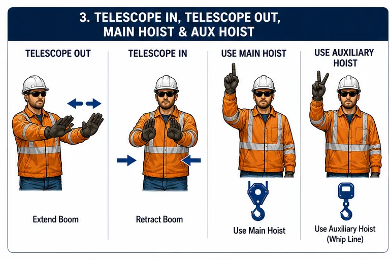 Four illustrated crane hand signals for telescope out, telescope in, main hoist, and auxiliary hoist.