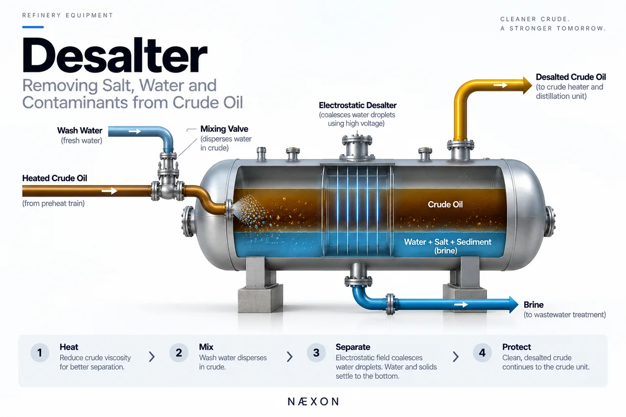 Cutaway desalter diagram showing wash water mixing with heated crude and brine separating below