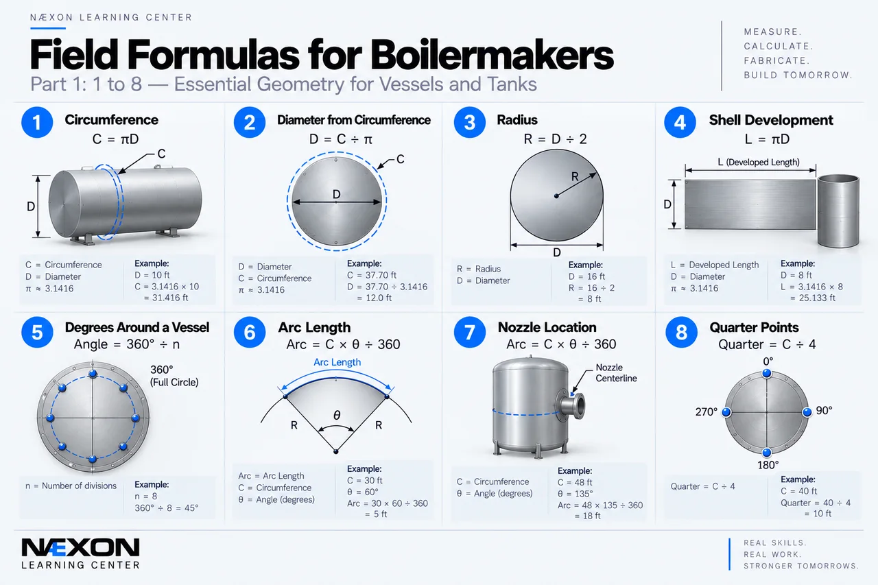 Boilermaker formula sheet for circumference, diameter, radius, shell development, arc length, and nozzle location.