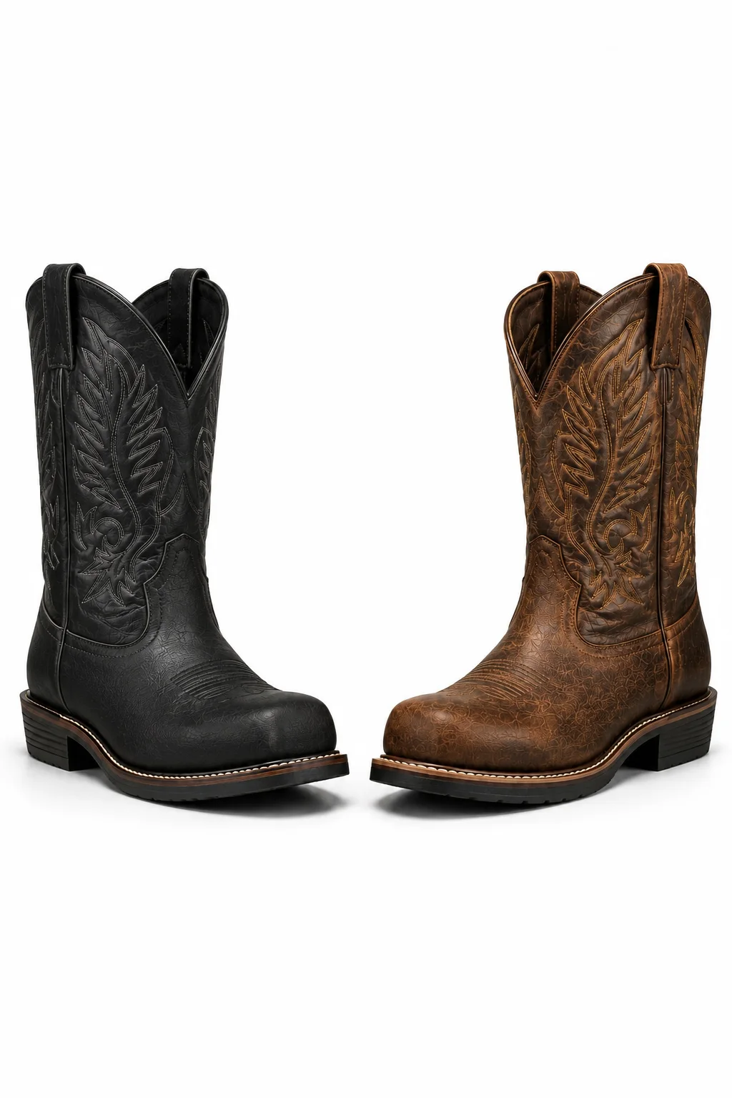 Black and brown leather Western work boots with square toes and decorative stitching for industrial tradesmen