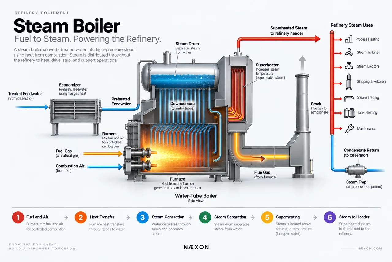 Water-tube steam boiler diagram showing feedwater, economizer, burners, furnace, drum, superheater, stack, and steam uses