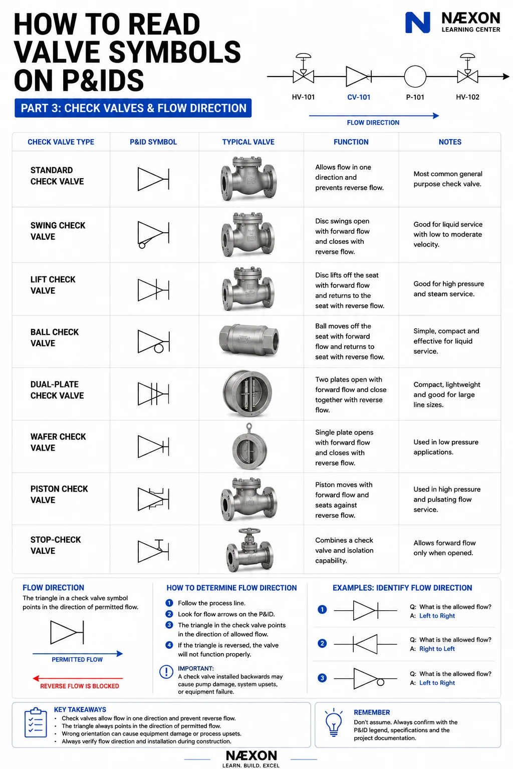 P&ID chart comparing standard, swing, lift, ball, dual-plate, wafer, piston, and stop-check valve symbols and flow direction.