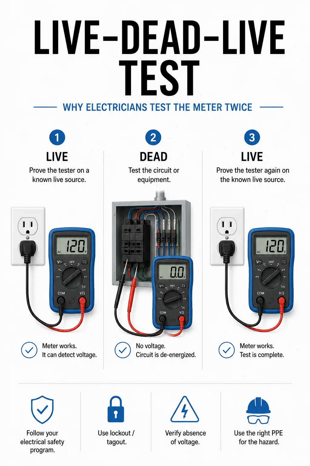 Three-panel diagram showing a meter tested on a live source, the target circuit, then the live source again.