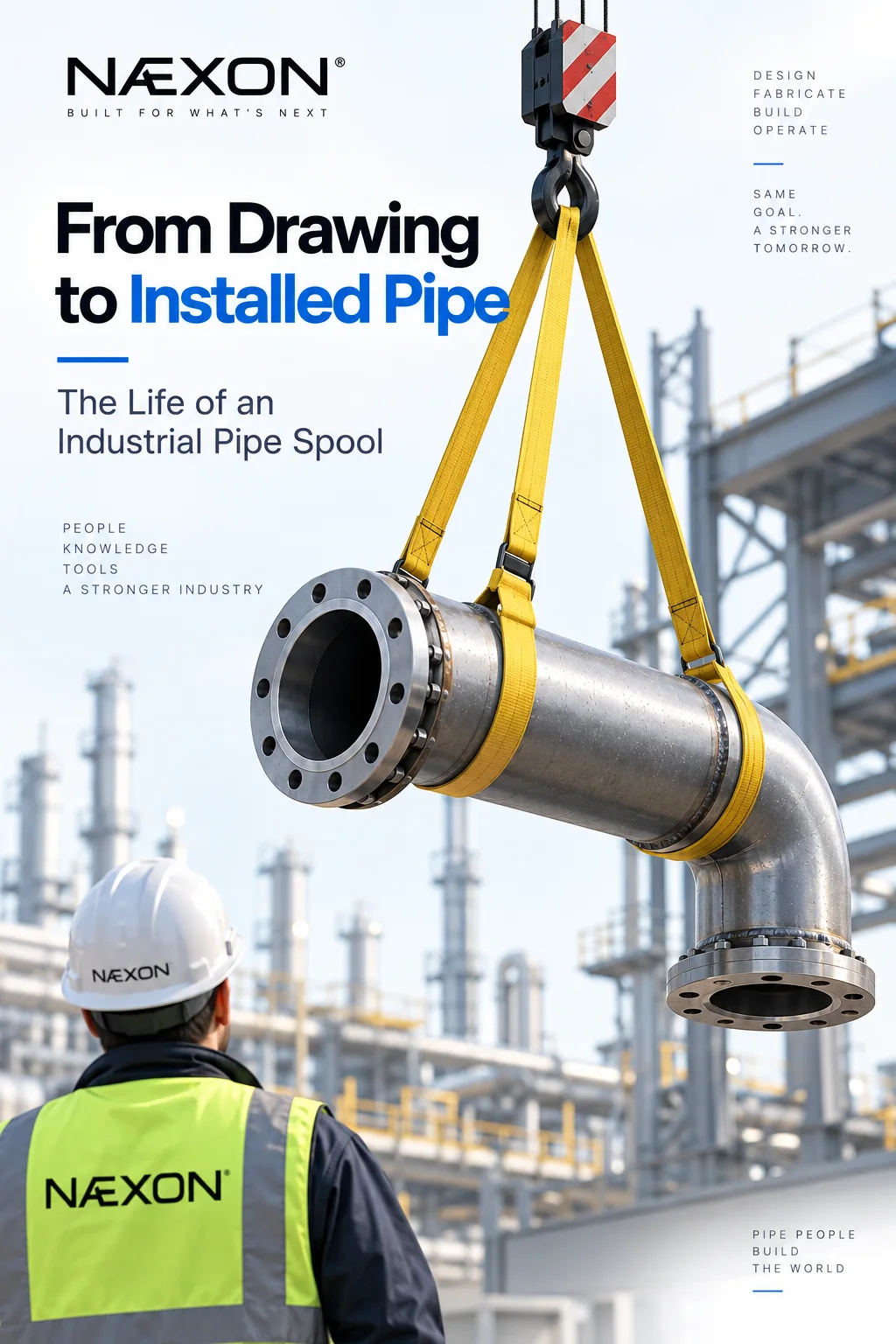 Worker in a white hard hat watching a flanged pipe spool suspended from a crane by yellow lifting slings in a refinery.