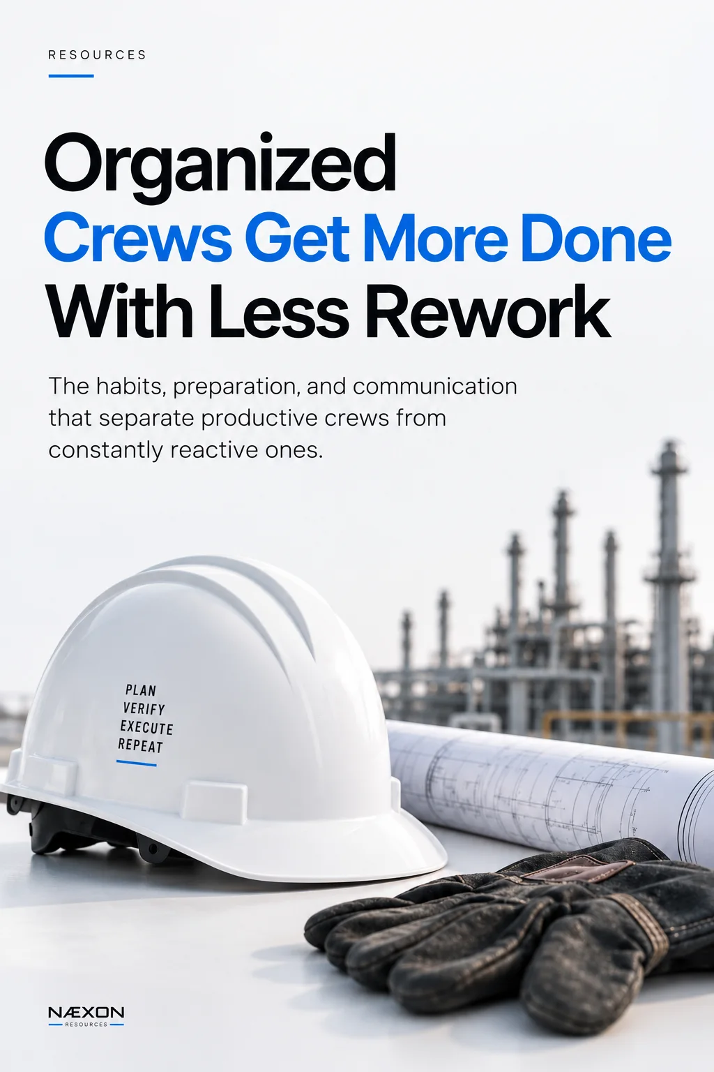 White hard hat, rolled construction drawing, and gloves on a table with refinery equipment blurred in the background.
