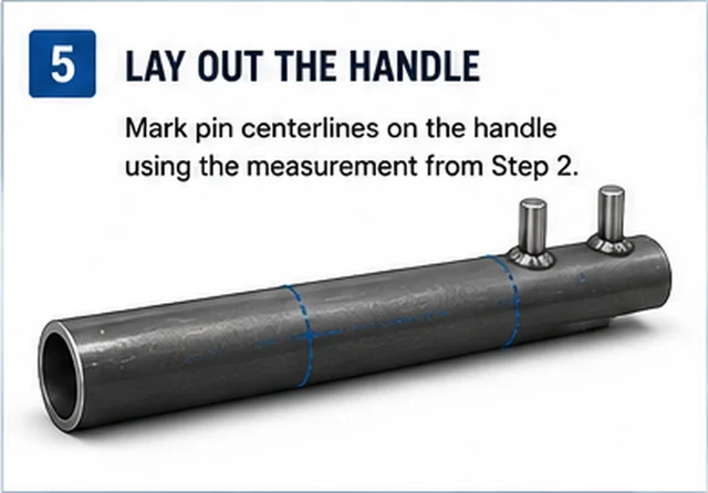 Steel pipe handle with two pin centerlines marked from a measured flange bolt-hole spacing.