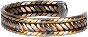 Open NEXFR metal cuff bracelet with interwoven silver, copper and gold-tone leaf patterns.