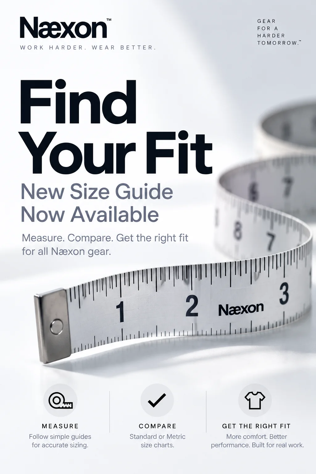 Curved white measuring tape below the headline Find Your Fit and icons for measuring, comparing, and choosing a size.