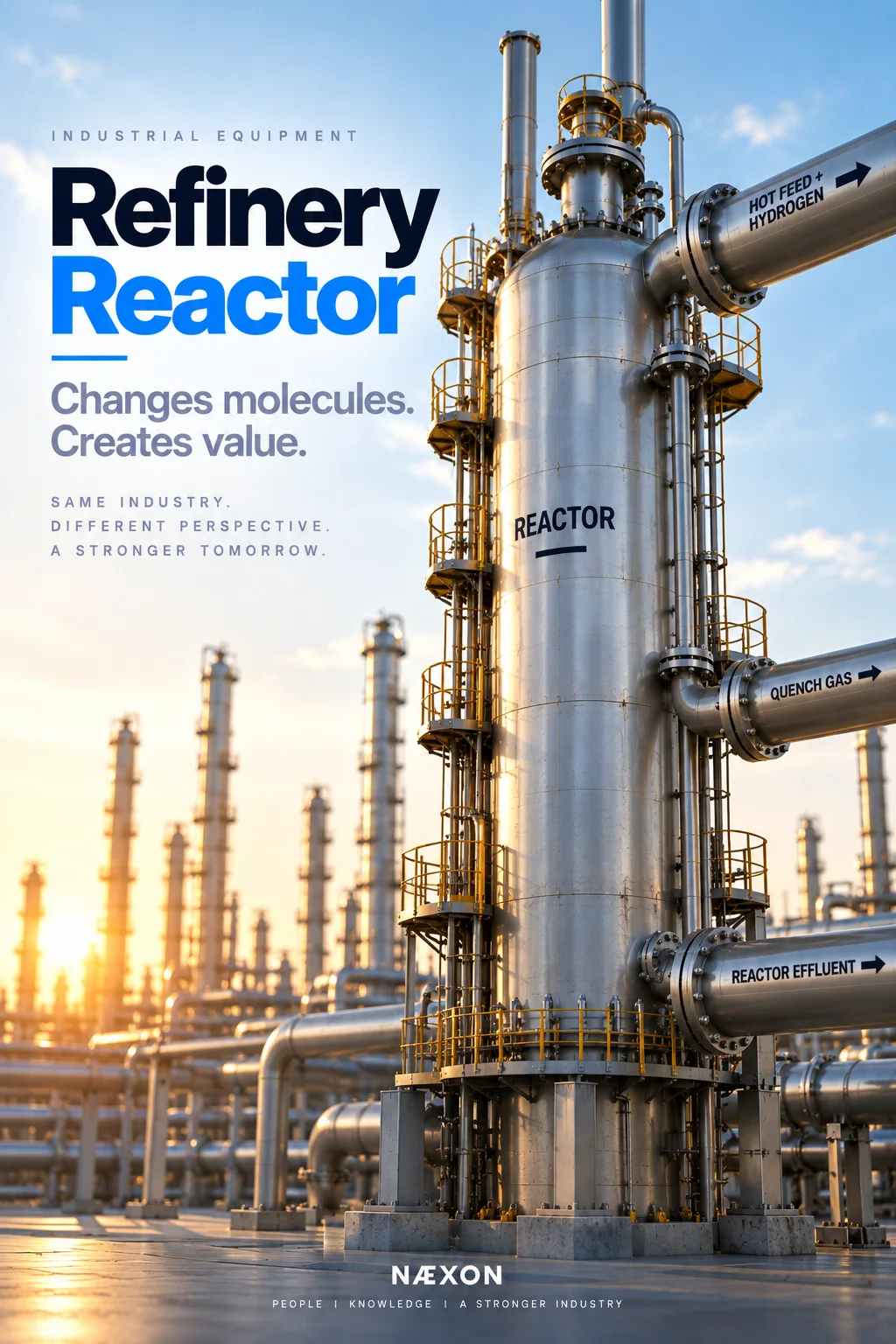 Refinery reactor cover showing a tall vessel, connected hydrogen feed, quench gas, and effluent pipes