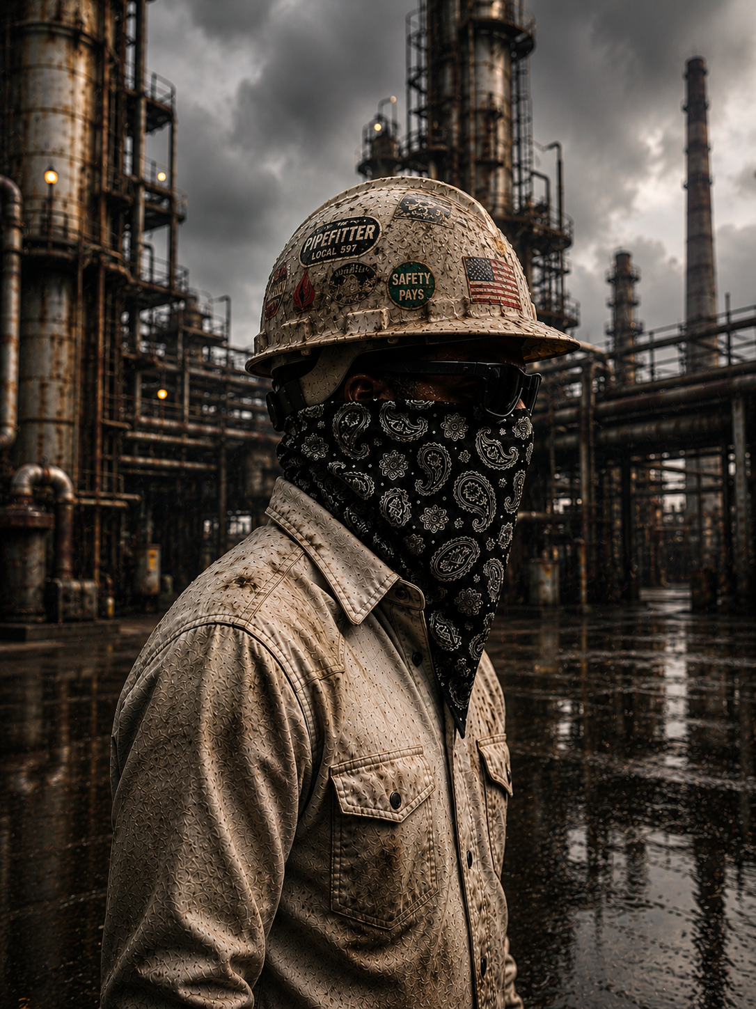 Welder wearing Næxon FR welding shirt and protective gear at an industrial refinery jobsite