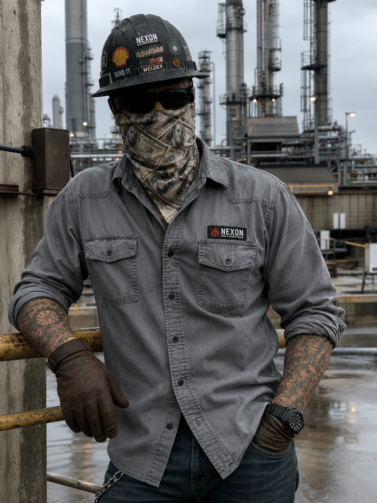Welder wearing Næxon gray FR work shirt, hard hat, safety glasses, and bandana at an oil refinery