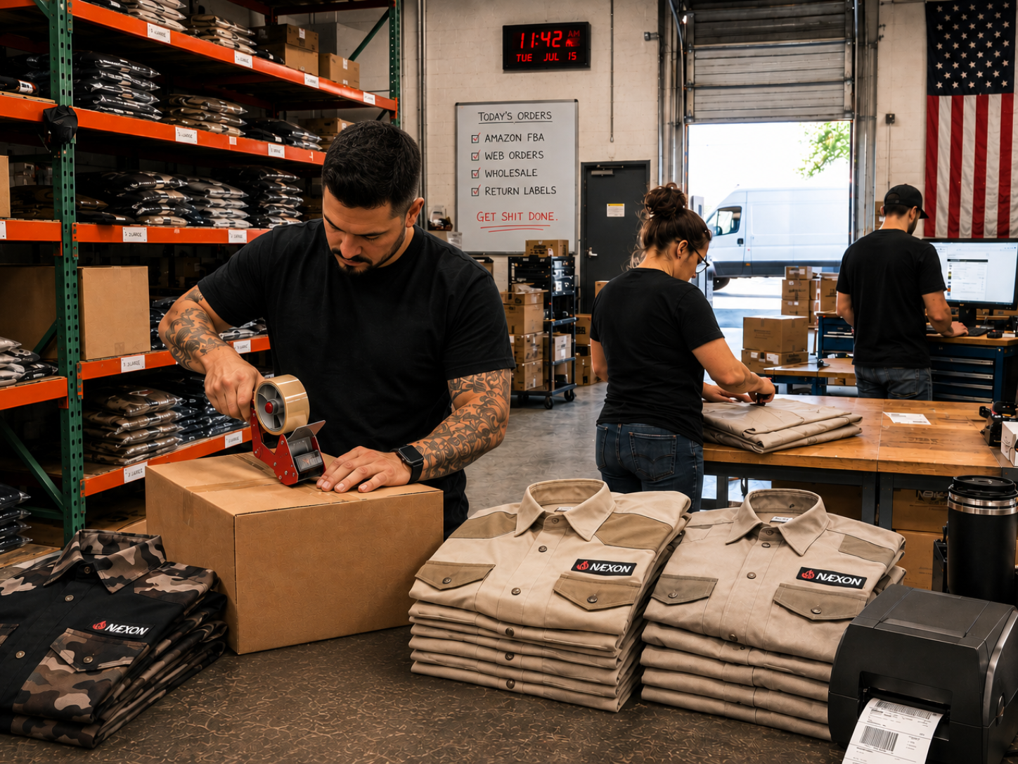 Warehouse employees packing premium Næxon flame-resistant work shirts in transparent zip bags at an industrial fulfillment center with shipping boxes and order processing stations.