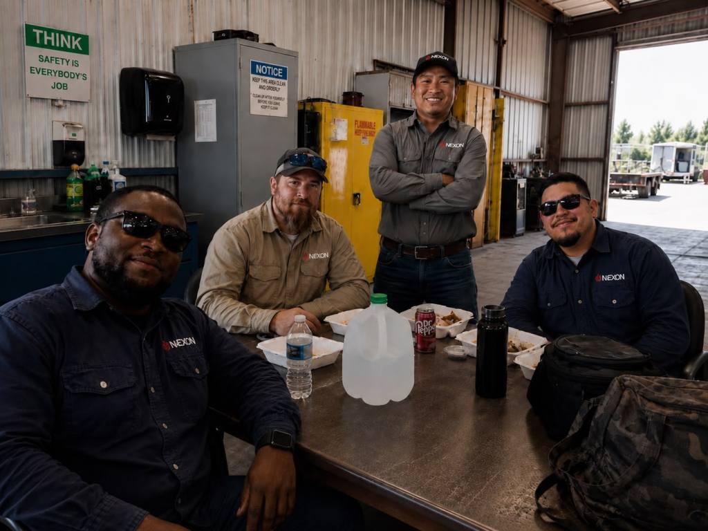 Industrial workers wearing Næxon FR work shirts during a lunch break at a jobsite