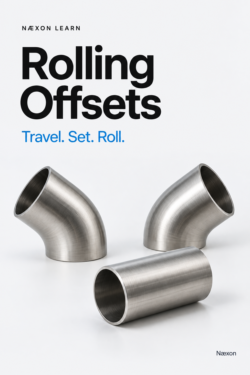 Rolling Offsets cover with two silver pipe elbows and a straight pipe section on a light background, with the subtitle Travel. Set. Roll.